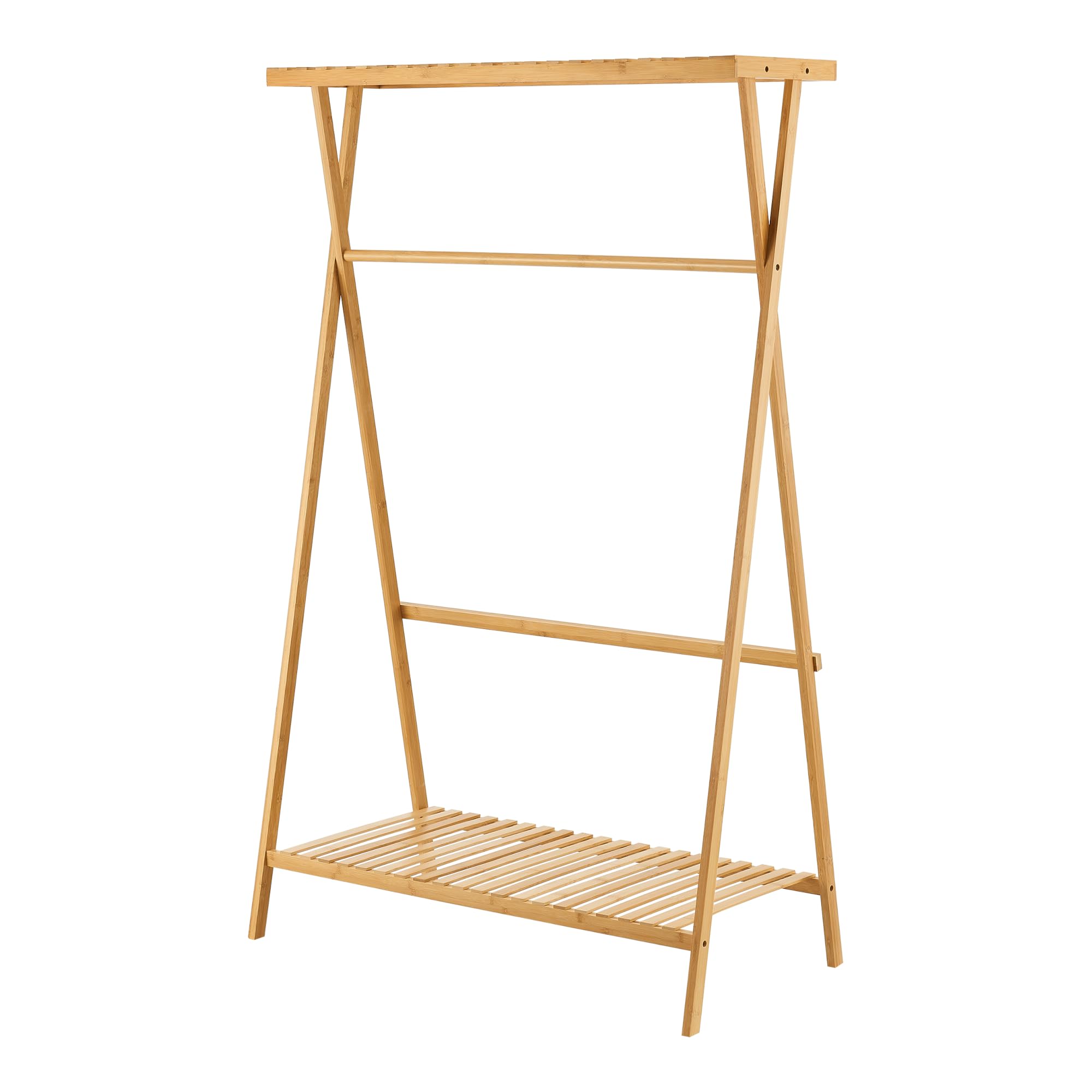 [en.casa] Stand Appendiabiti in Bambù Organizzatore Guardaroba con 2 Ripiani a Doghe e Barra Porta Abiti per Ingresso Camera da Letto 140 x 90 x 45 cm - Naturale