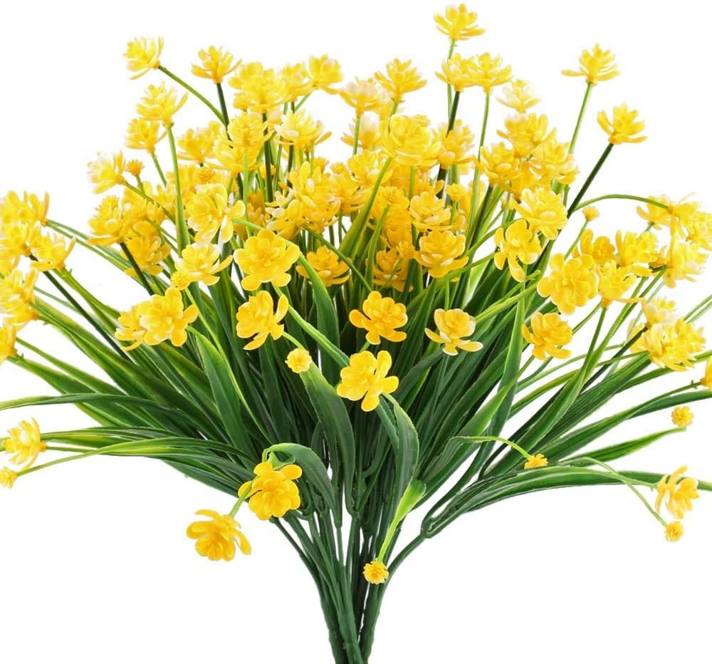 Artificial Outdoor Flowers UV Resistant, 4pcs Fake Daffodils Flowers Yellow Plastic Plants for Cemetery Window Box Hanging Basket Porch Spring Decor