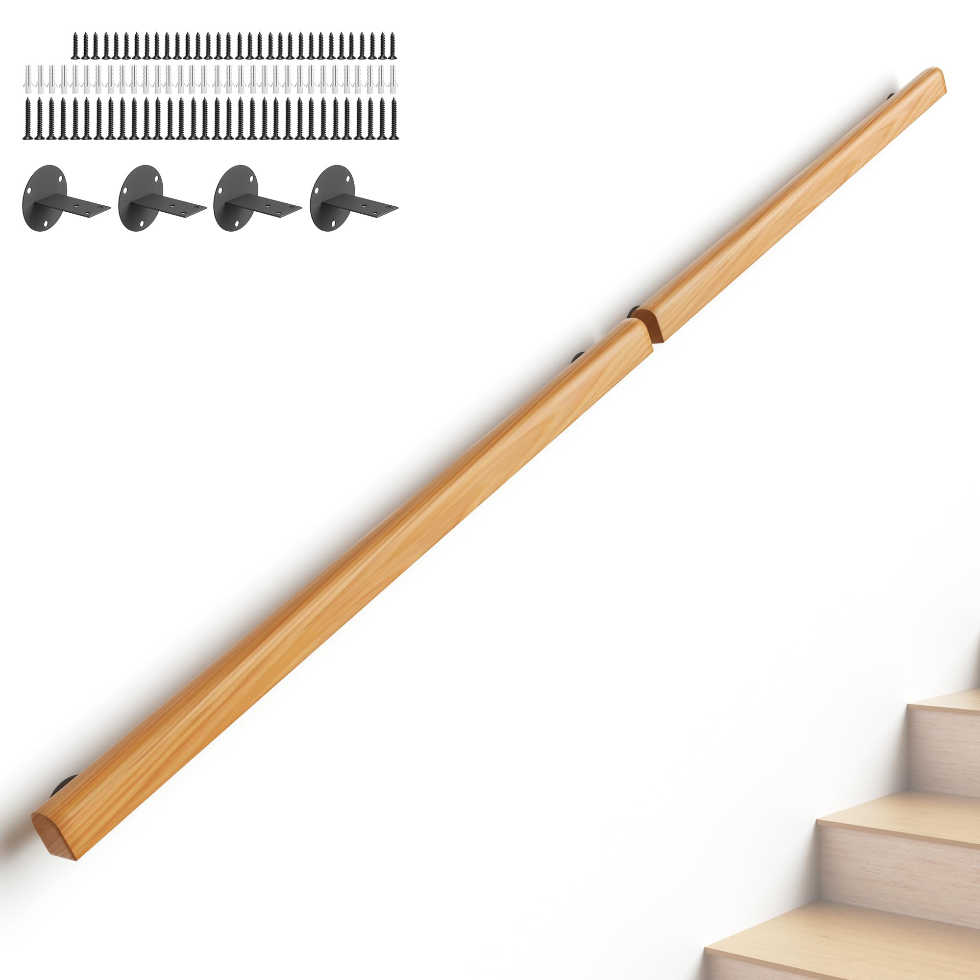 7ft Wooden Stair Railing Indoor,Hand Rails for Indoor Stairs,Non-Slip Safety Guardrail Railing for Elderly, Children, Kindergarten, Indoor Home, Outdoor Garden, Corridor, Loft, Deck （ 2 Sections ）