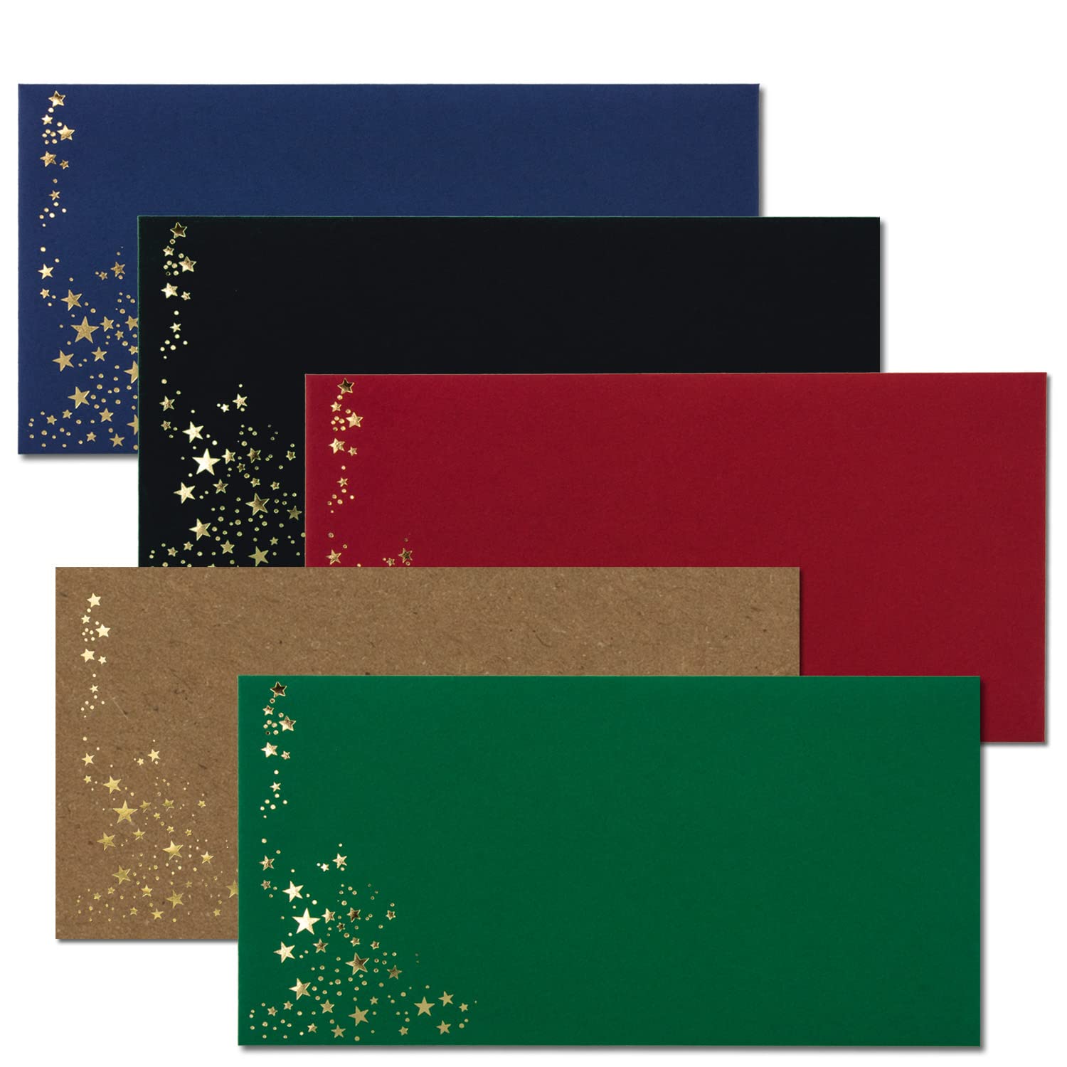 200x Briefumschläge mit Metallic Sternen - DIN Lang - Mix Set 10, Umschläge in Rot, Schwarz, Grün, Blau und Kraftpapier - mit Sternen in Gold