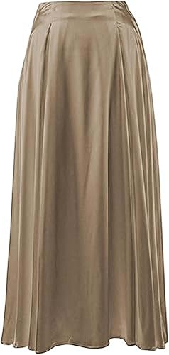 Miniatura 6 de NENOKED Falda larga de satén con vuelo para mujer, acampanada, cintura elástica, cintura alta, faldas largas de seda