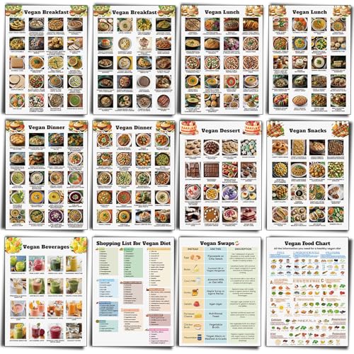 Image of Sinload 12 Pcs Vegan Food List Poster Vegan Diet Meal Plan High Protein Veggie Food Chart, Healthy Eating Guide for Kitchen Home