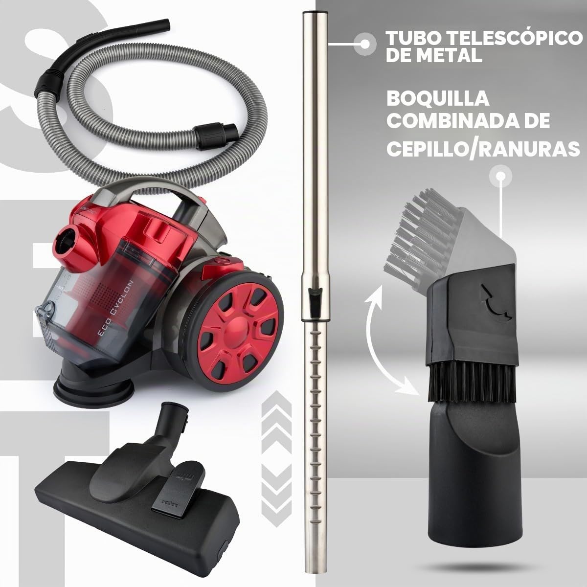 Clatronic BS 1308 Aspiradora ciclónica sin Bolsa Potente, Filtro HEPA, Tubo telescópico Metal, Cepillo Mixto y rinconera,eficiencia energética A, 700 W, Rojo