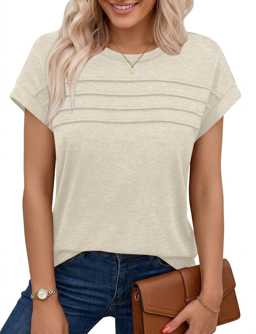 Chicrise Tshirt Damen Sommer Flügelärmeln Falten Tank Top Rundhals Ärmellose Basic Oberteil Lässige Apricot Klein 34-36