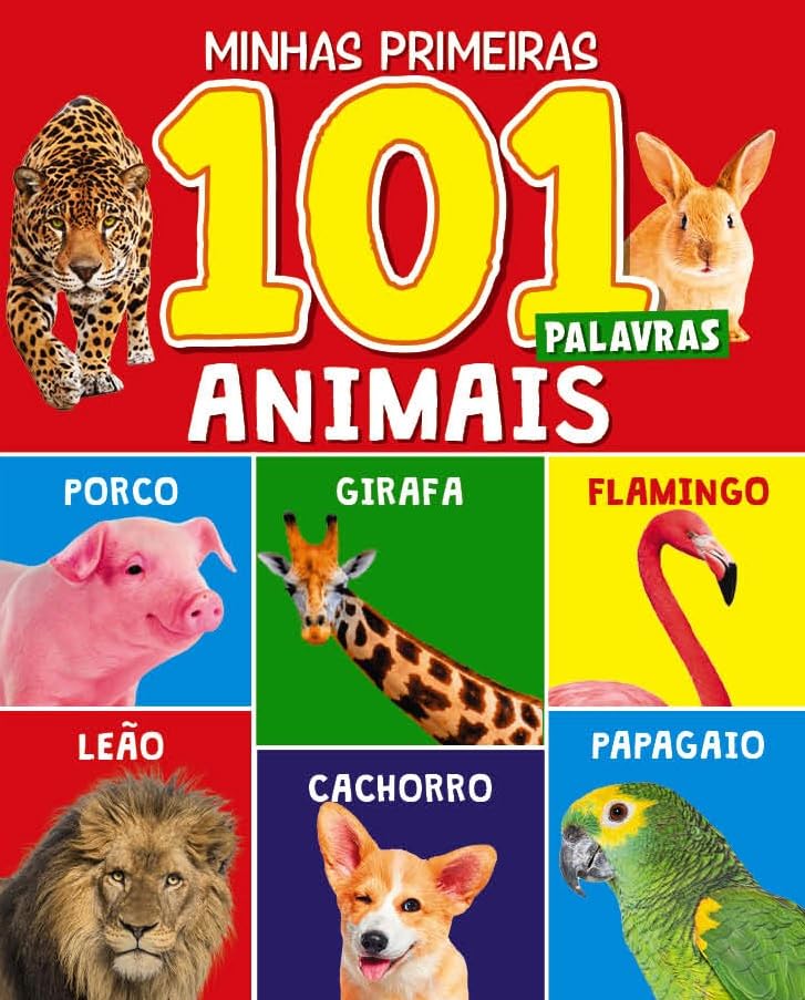 Imagem frontal de brinquedo com fundo dividido em blocos coloridos, cada bloco com um animal e seu nome. Imagem frontal de brinquedo com fundo dividido em blocos coloridos, cada bloco com um animal e seu nome.