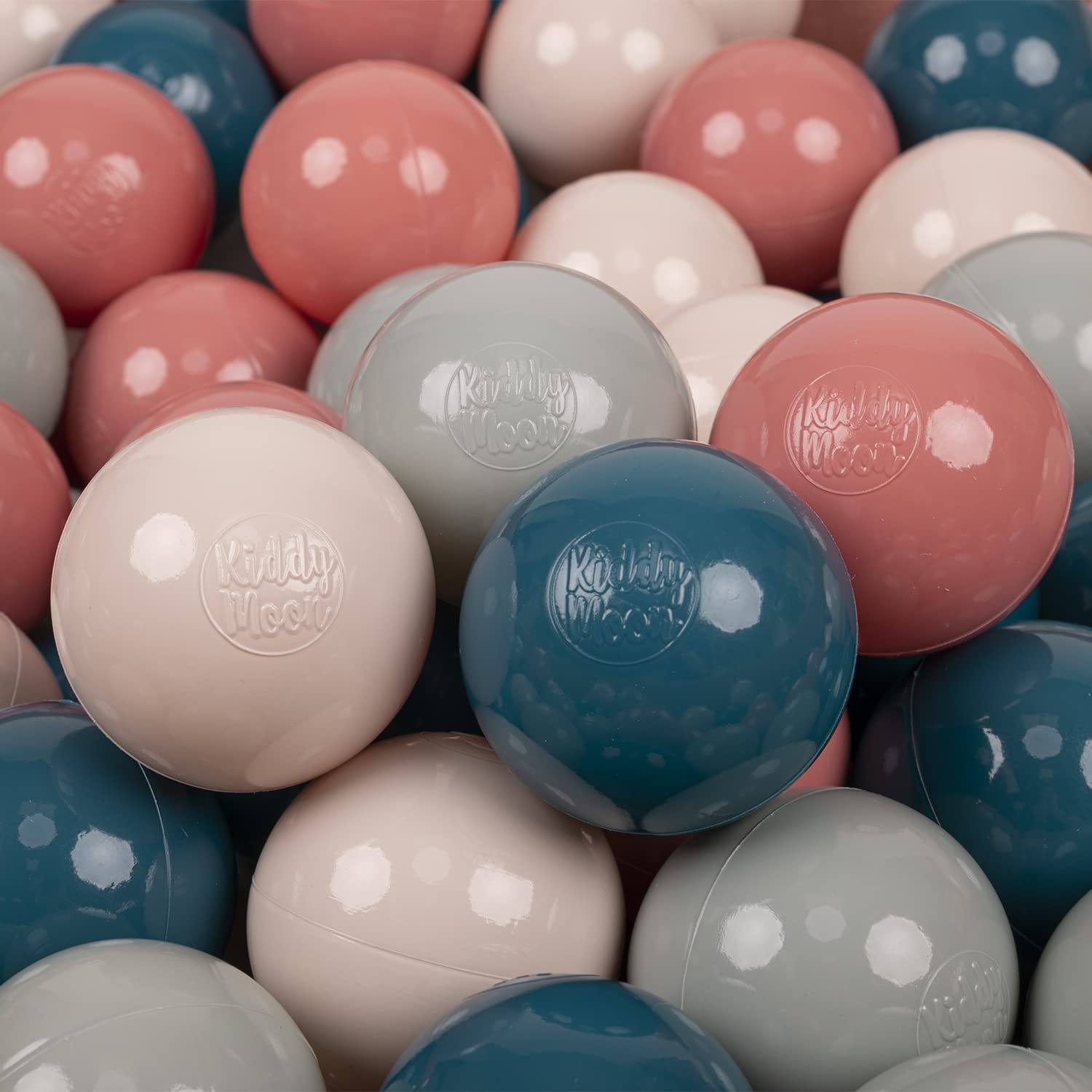 KiddyMoon Soft Plastic Play Balls 100 Balls/7Cm-2.75In Multi-Colour Made In EU, Dark Turquoise/Pastel Beige/Greengrey/Salmon Pink
