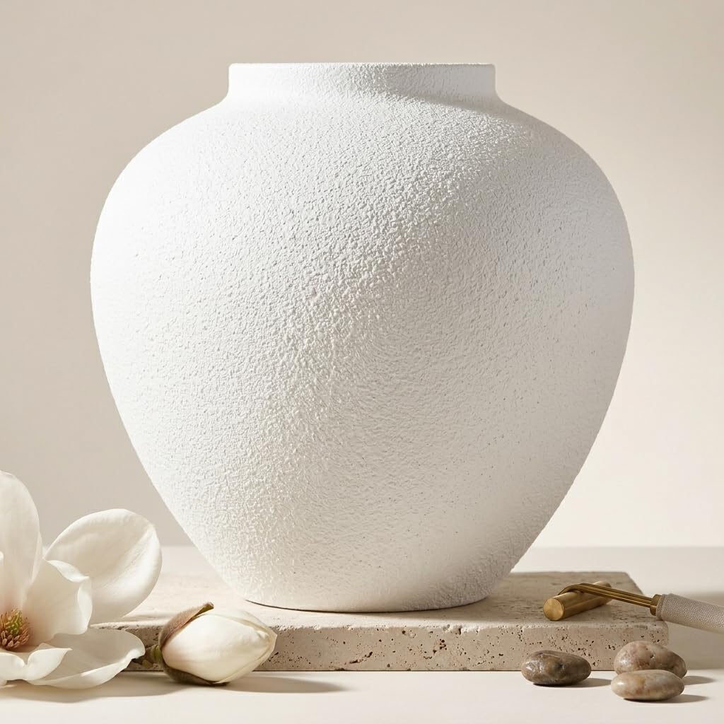 Metallvase Modern 29 cm – Große Dekovase für Pampasgras & Trockenblumen, Runde Vintage Metall Vase Wohnzimmer Deko, Rustikale Tischvase Industrial Stil, Weiß