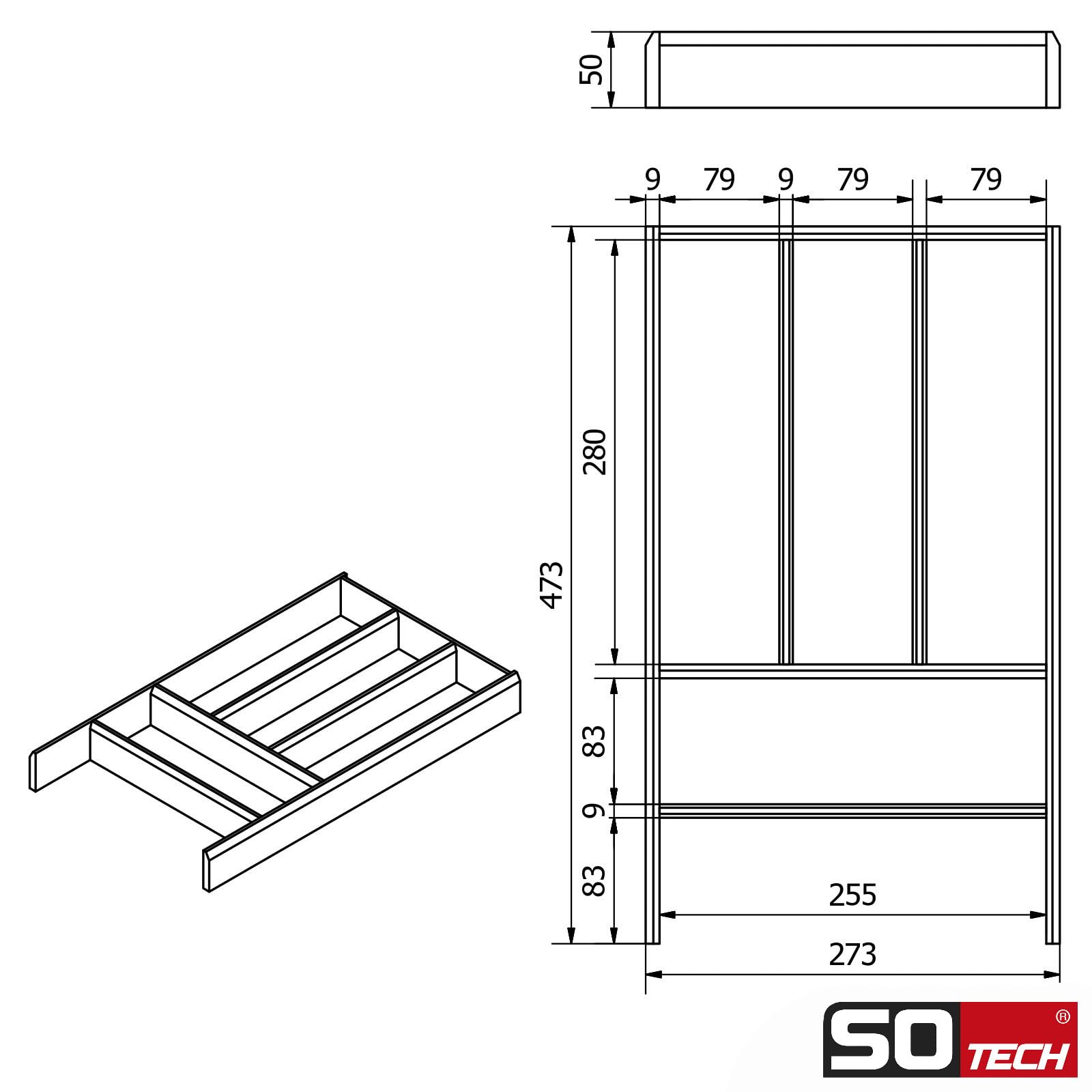 Orga-Box Individual Besteckeinsatz Eiche lackiert (473 x 273 x 50 mm)