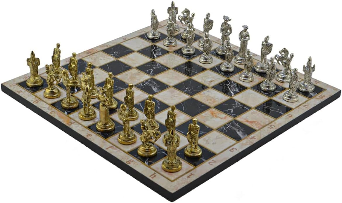 Metal Chess Set for Adults Spanish Royal Guards Figures,Handmade Pieces and Different Design Wooden Chess Board (Spring)