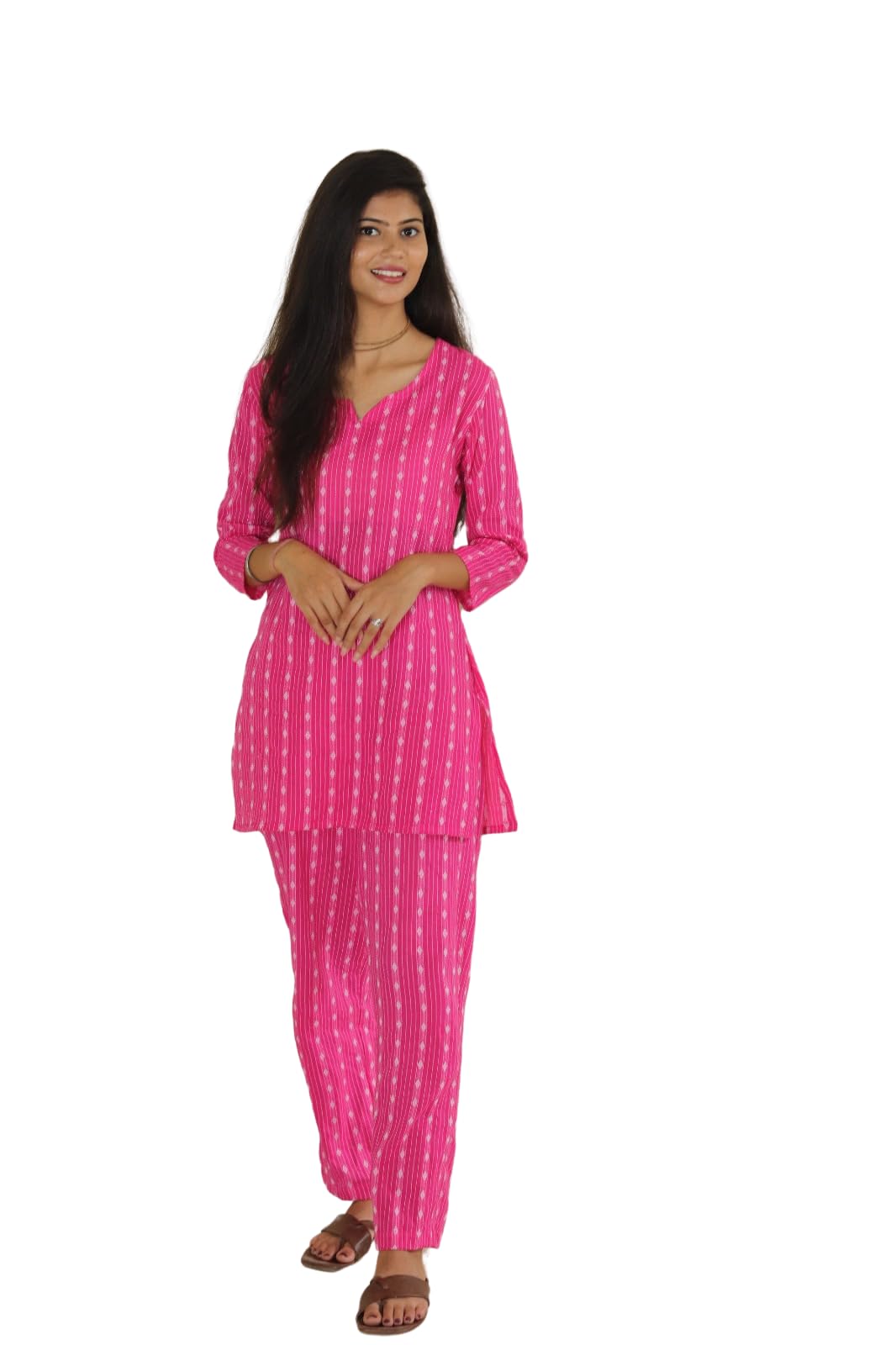 Womne's Cotton Round Neck 3/4 Sleeves Striped Pattern Printed Straight Night Suit with Pyjama-picture-29
