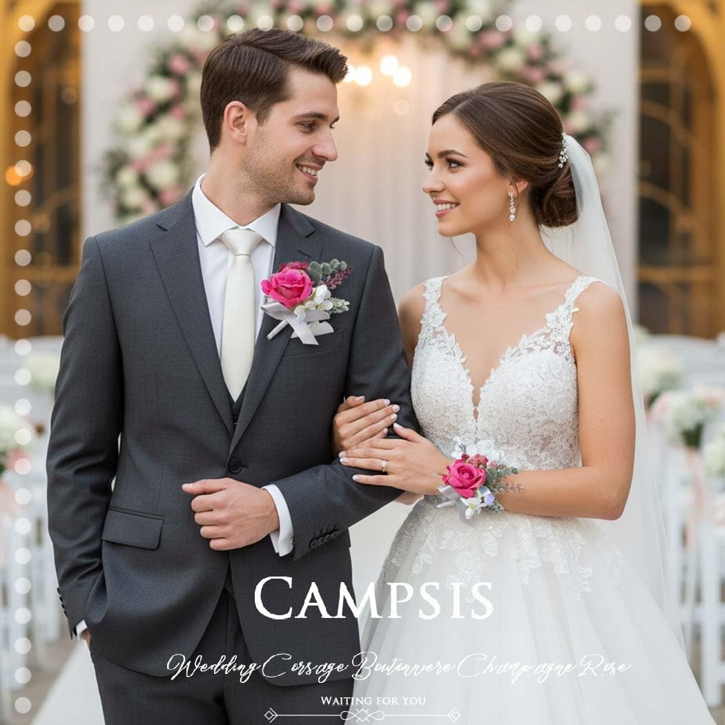 Campsis Corsage and Boutonniere Set, Pink Wrist Corsage, Prom Boutonniere for Wedding - Image 7