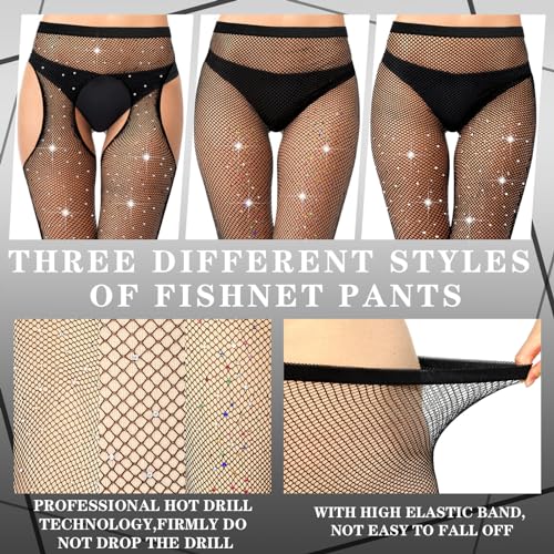 Image of Fourluoo 3 Pcs Rhinestone Fishnet Tights High Waist Rhinestone Stockings Leggings for Women Dress Black Mesh Sparkly Pantyhose