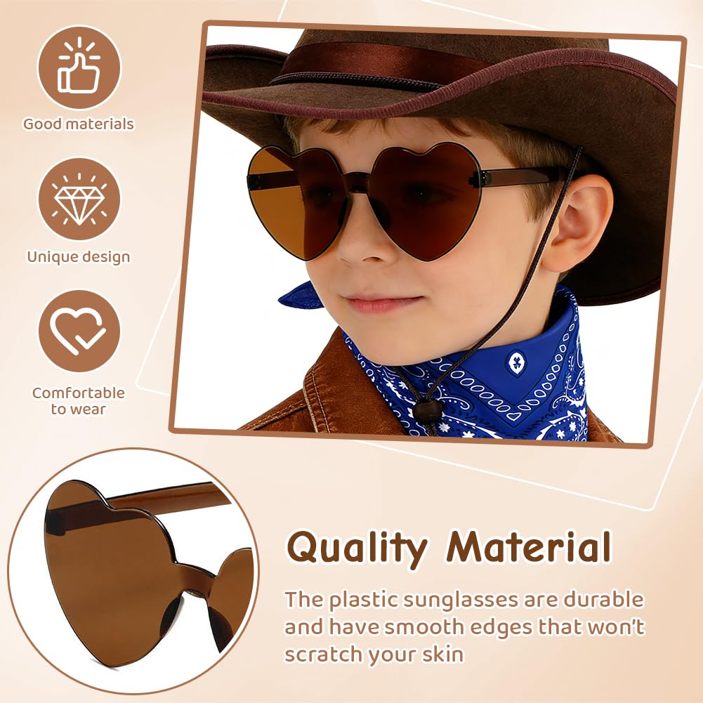 FCXVXCL Kids Cowboy Hat 3 PCS Cowboy Costume for Kids with Coffee Colored Band Hat Scarf Heart Sunglasses for Halloween Christmas World Book Day Fancy Dress Up - Image 4