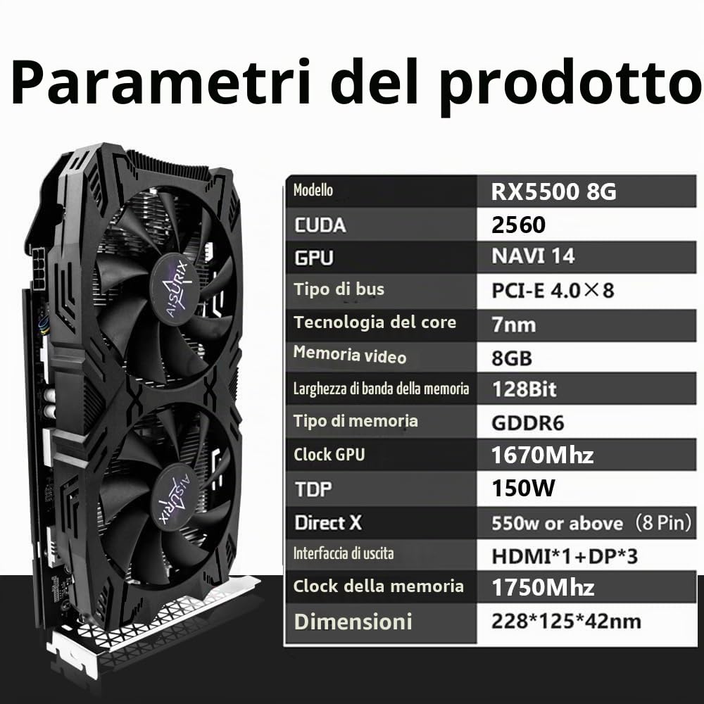 AISURIX RX 5500 - Scheda grafica GDDR6 da 8 GB, 128 bit, 3XDP, HDMI, PCI Express 4.0 x 8, 8 pin con sistema intelligente ventola, schede video per PC da gioco con 3 DisplayPort + 1 HDMI (5500)