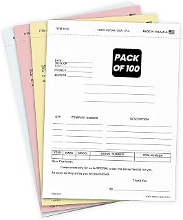 Automotive Parts Order Forms 4-Part Carbonless - Dealership & Repair Shop Parts Request Forms with Snap-Out Design Postcard Section, Engine Body Parts Order Form - Pack of 100