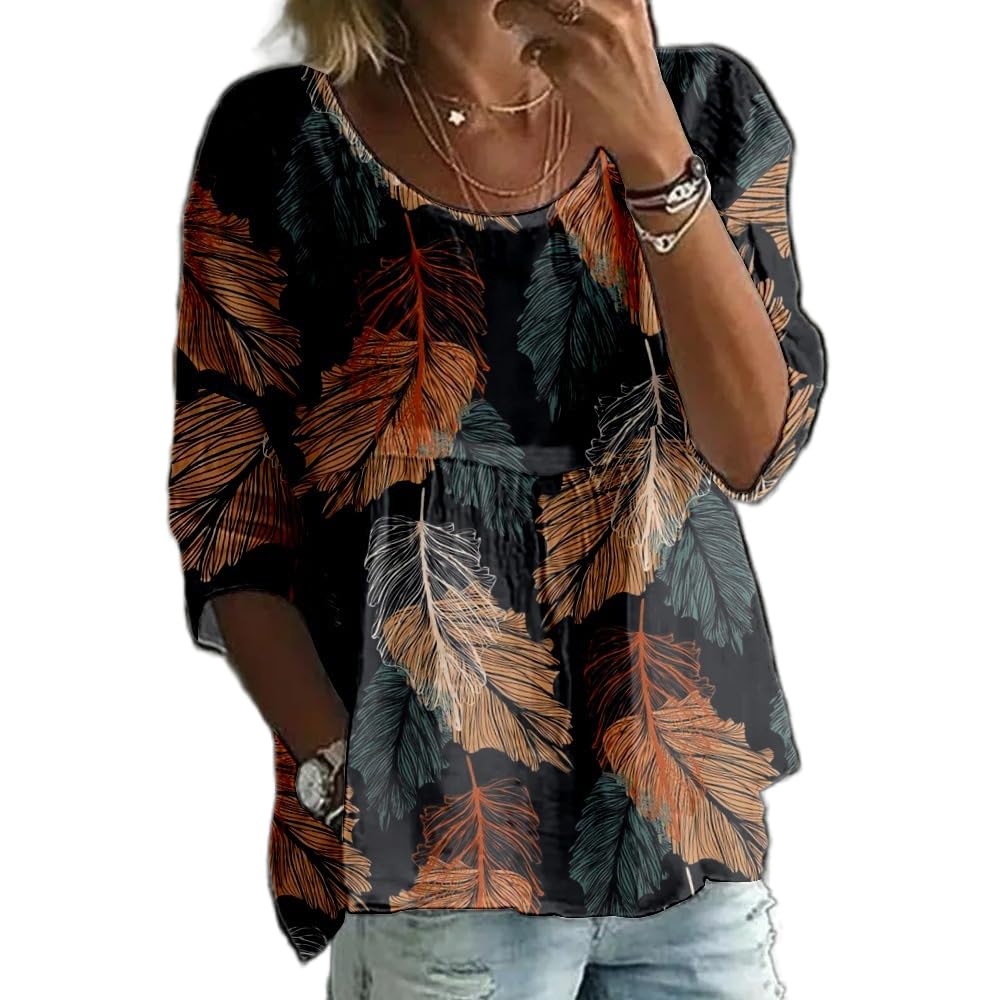 Akivide Women's Spring Boho Floral Print 3/4 Sleeve Tunic Top Summer Cute Casual Loose Pleated Blouse Shirt Plus Size