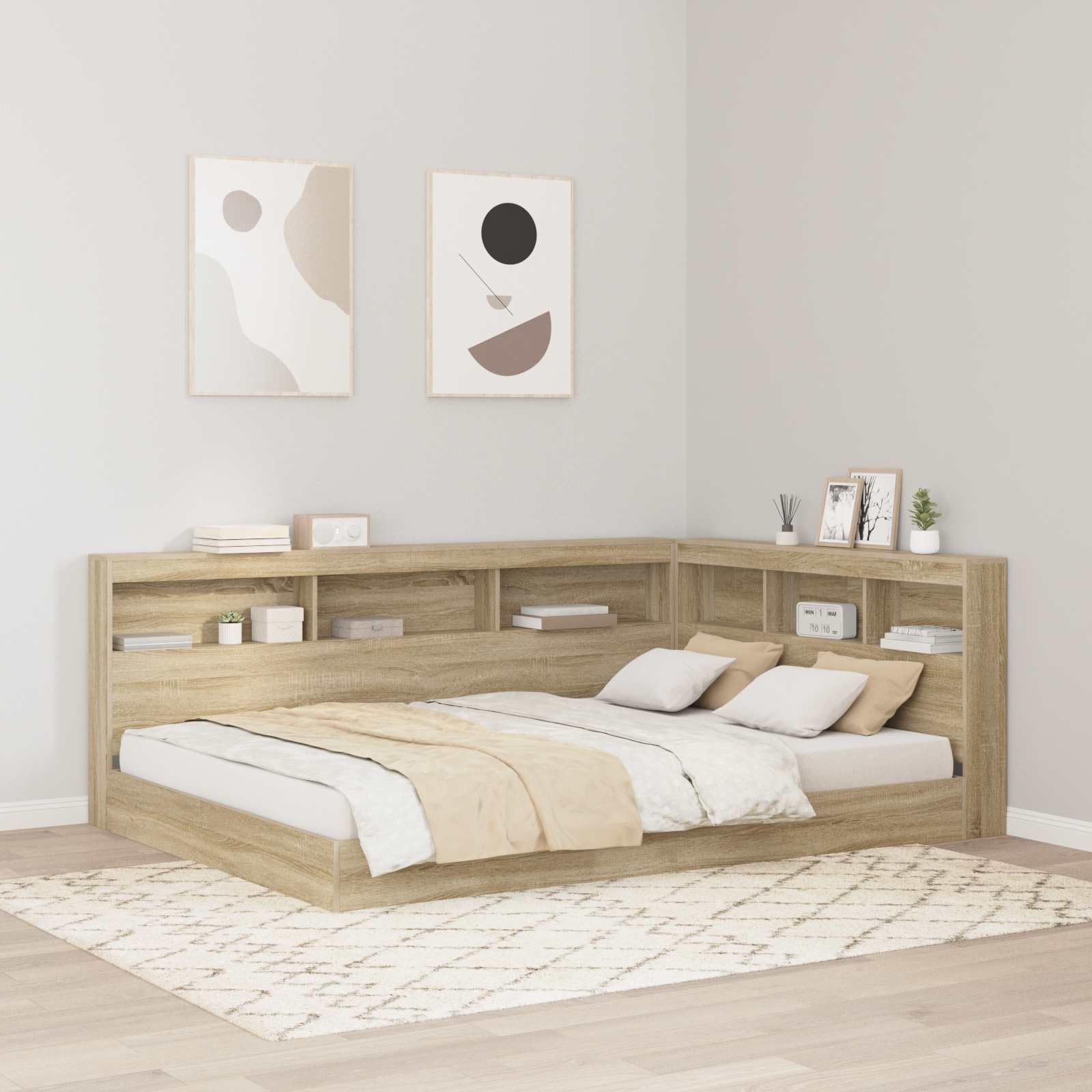 Tête de lit de Rangement en Bois d'ingénierie Chêne Sonoma 160 cm avec étagères intégrées, Station de Charge, Design Moderne scandinave pour Chambre Adulte ou Enfant