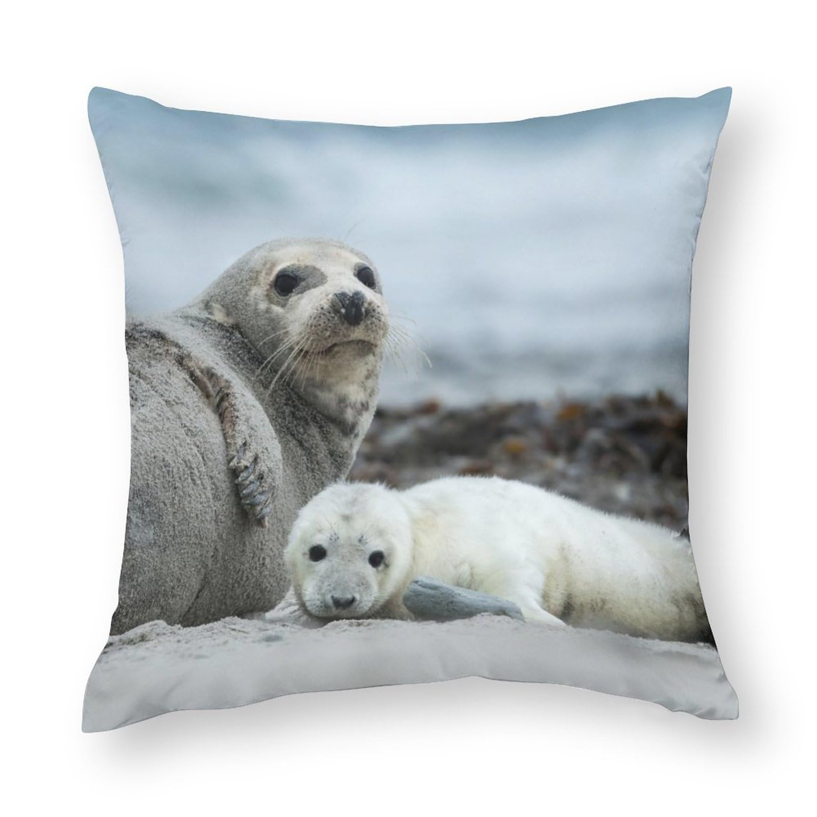Cushion Covers 1 PCs Grey Seal Pup with Mother Decorative Pillow Covers 17"x17" Soft Polyester Square Pillow Cases Pillowcases