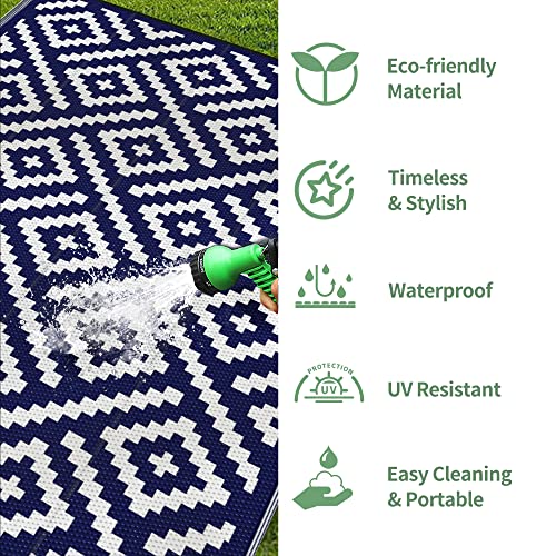 Image of GENIMO Outdoor Rug, Waterproof Plastic Rugs 9'x12' for Camping Blue White | Outside Larger Modern Carpet Mat for Porch Decor, Deck, Balcony, Camping, RV, Backyard, Picnic, Beach, Reversible, Foldable