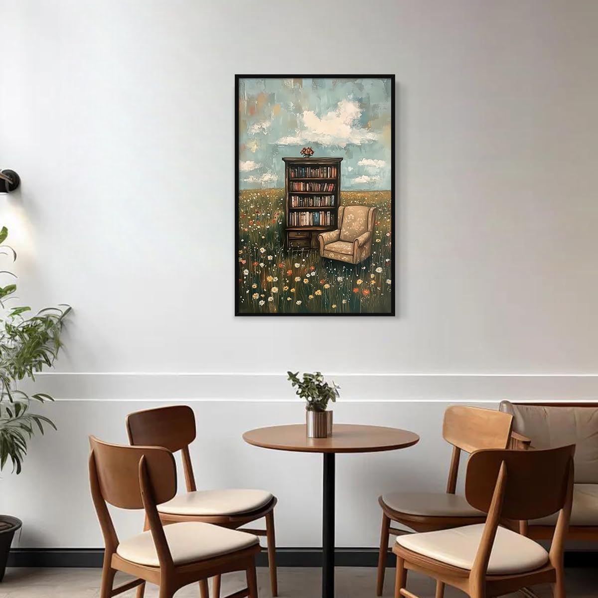 YOZWNGU Book Canvas Wall Art, Bookshelf and Sofa In Floral Field Poster, Impressionist Flower Landscape Painting Library Reading Nook Decor, Rustic French Country Bookish Print Gifts 24x36in Unframed