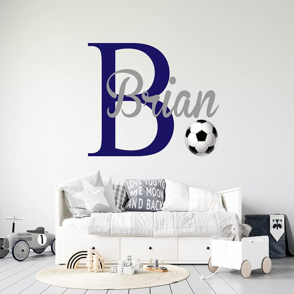 Custom Name & Initial Soccer Wall Decal - Personalized Name Soccer Ball Wall Decal - Soccer Wall Stickers - Wall Decal Kids Room - Wall Decal for Children Nursery Decoration (Wide 30"x20" Height)