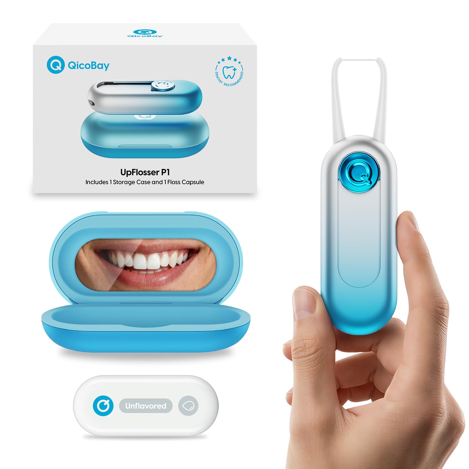 UpFlosser P1 Premium Auto-Restringing Flosser with Replaceable Floss Capsule Mirror Case Durable Metal Body Quick Deep Clean Portable