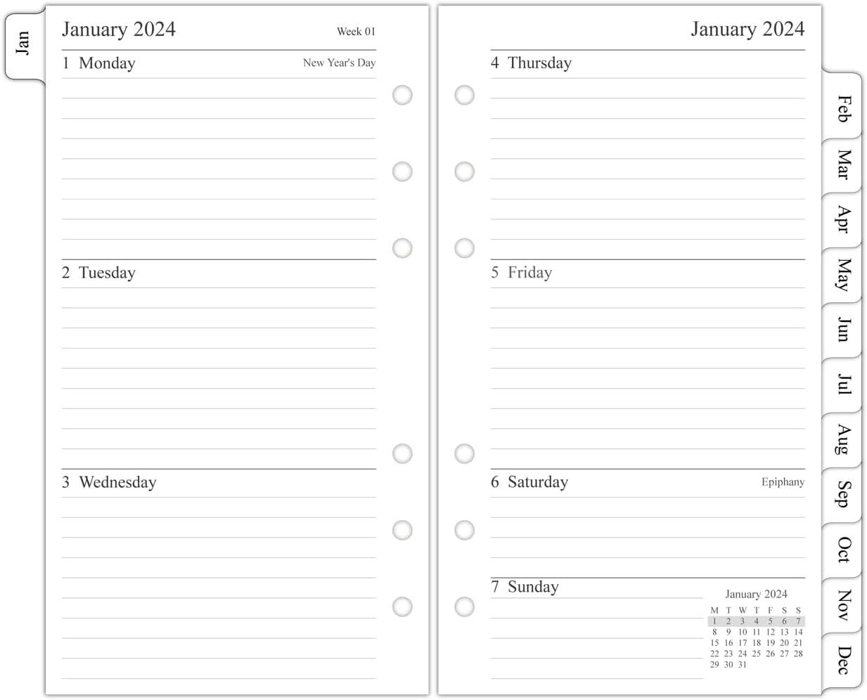 2024 Weekly Diary Refill, Compatible with Filofax Personal Size Organizers, Month Tabs, Two Pages Per Week, 9.5x17.1cm