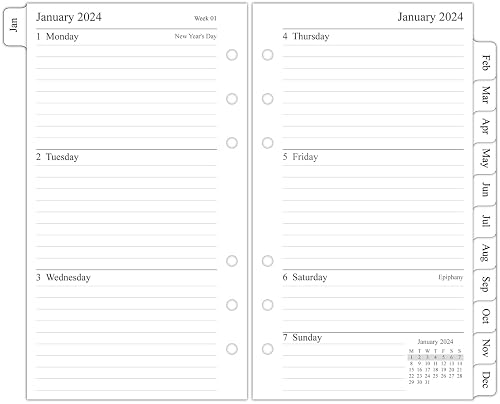 2024 Weekly Diary Refill, Compatible with Filofax Personal Size Organizers, Month Tabs, Two Pages Per Week, 9.5x17.1cm