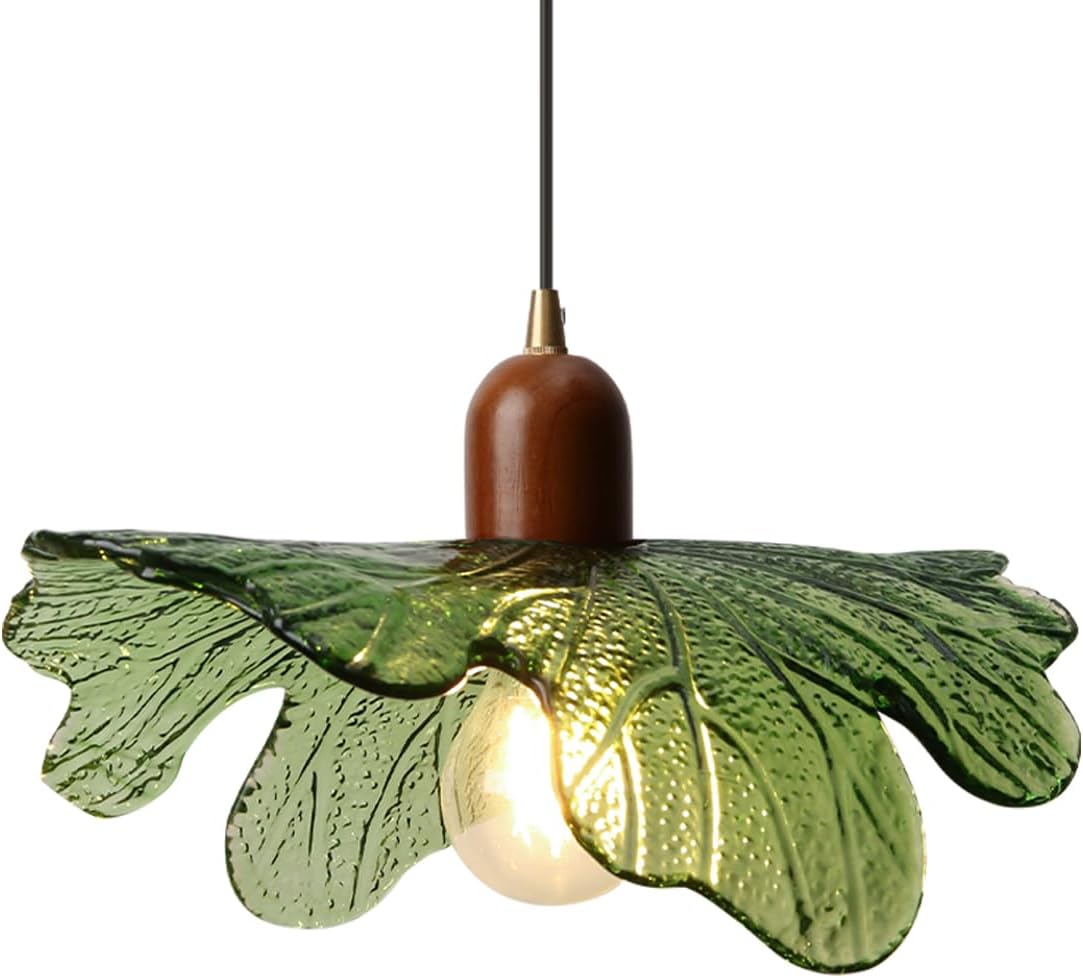Vintage Green Pendant Lights Kitchen Island, Adjustable Hanging Ceiling Light Fixture, 13 Inch Flower Glass Shade, Mid Century Modern Farmhouse Chandelier for Bedroom Dining Room 1 Light