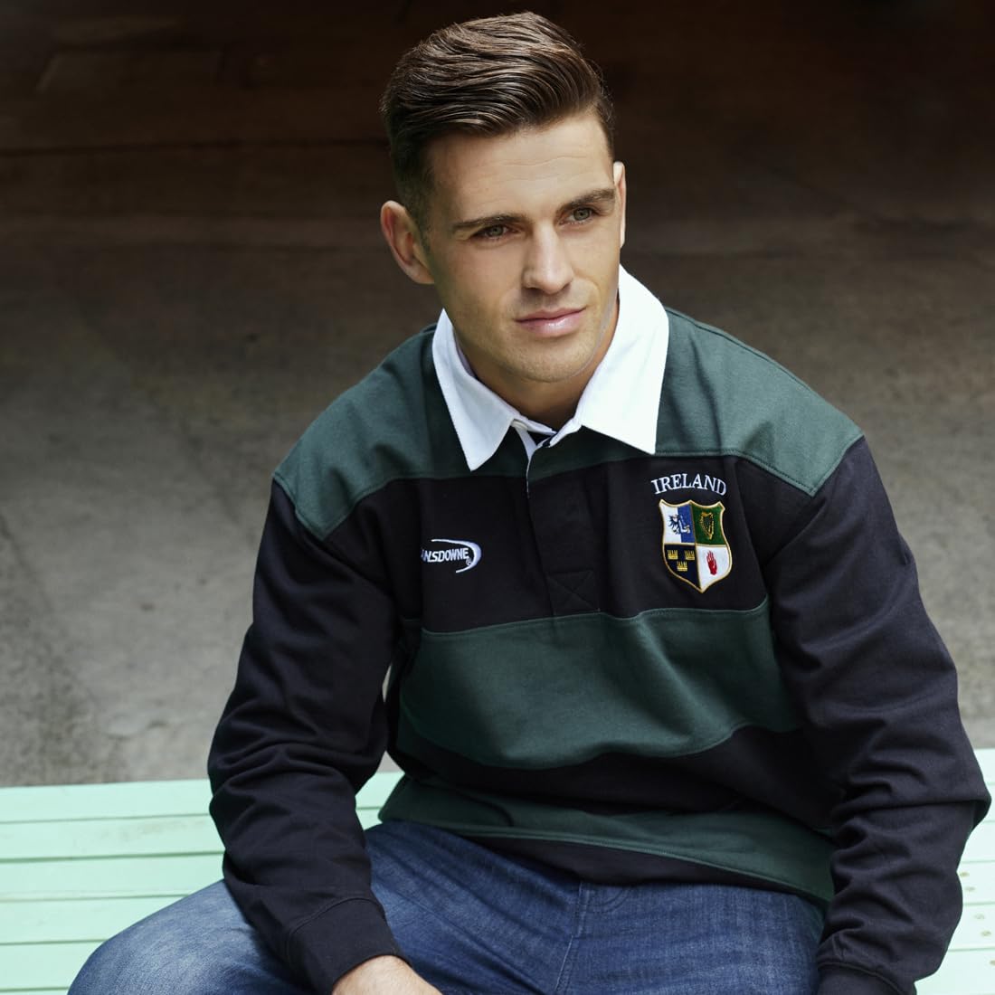 Lansdowne Four Provinces Irland Rugby Shirt, Bestickt, Grün-schwarz gestreiftes Langarm Rugby Polo