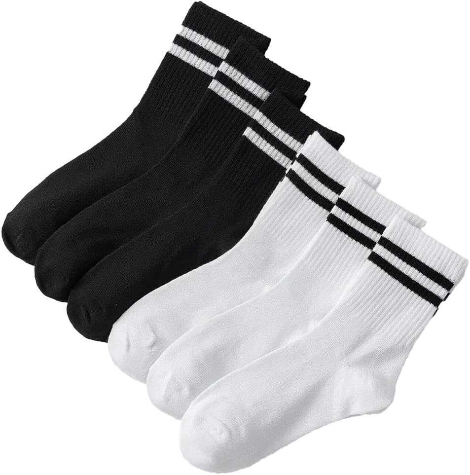 6 Pairs High Tube Mid Length Unisex Sports Socks Set For Men & Women in Solid Black And White Parallel Bars