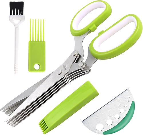 Tijeras de hierbas, cortador de hierbas de cocina con 5 cuchillas y cubierta, accesorio de cocina afilado apto para lavavajillas, color verde