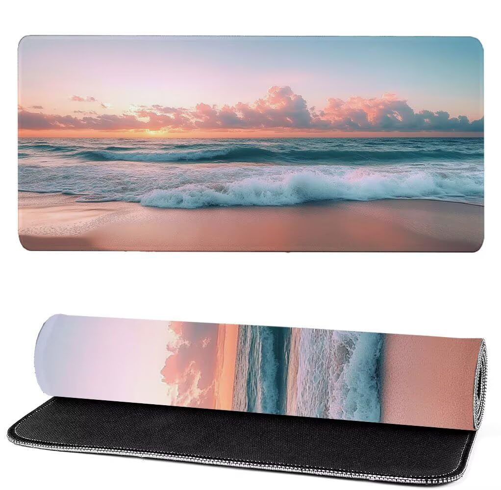 Podkładka pod mysz plażową, podkładka pod mysz XXL zachód słońca 1200x600x3mm, duża podkładka pod mysz do gier, przyszyte krawędzie, antypoślizgowa gumowa podkładka pod mysz, do biura i gier, prezenty
