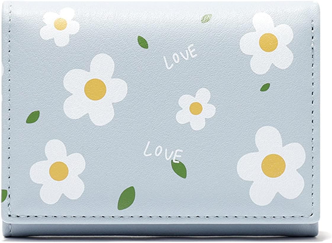 AODEZI Women Wallet Small Trifold Flower Wallet PU Leather Purse Slim Short Trifold Wallet for Girls Card Wallet Blue Flower Blue