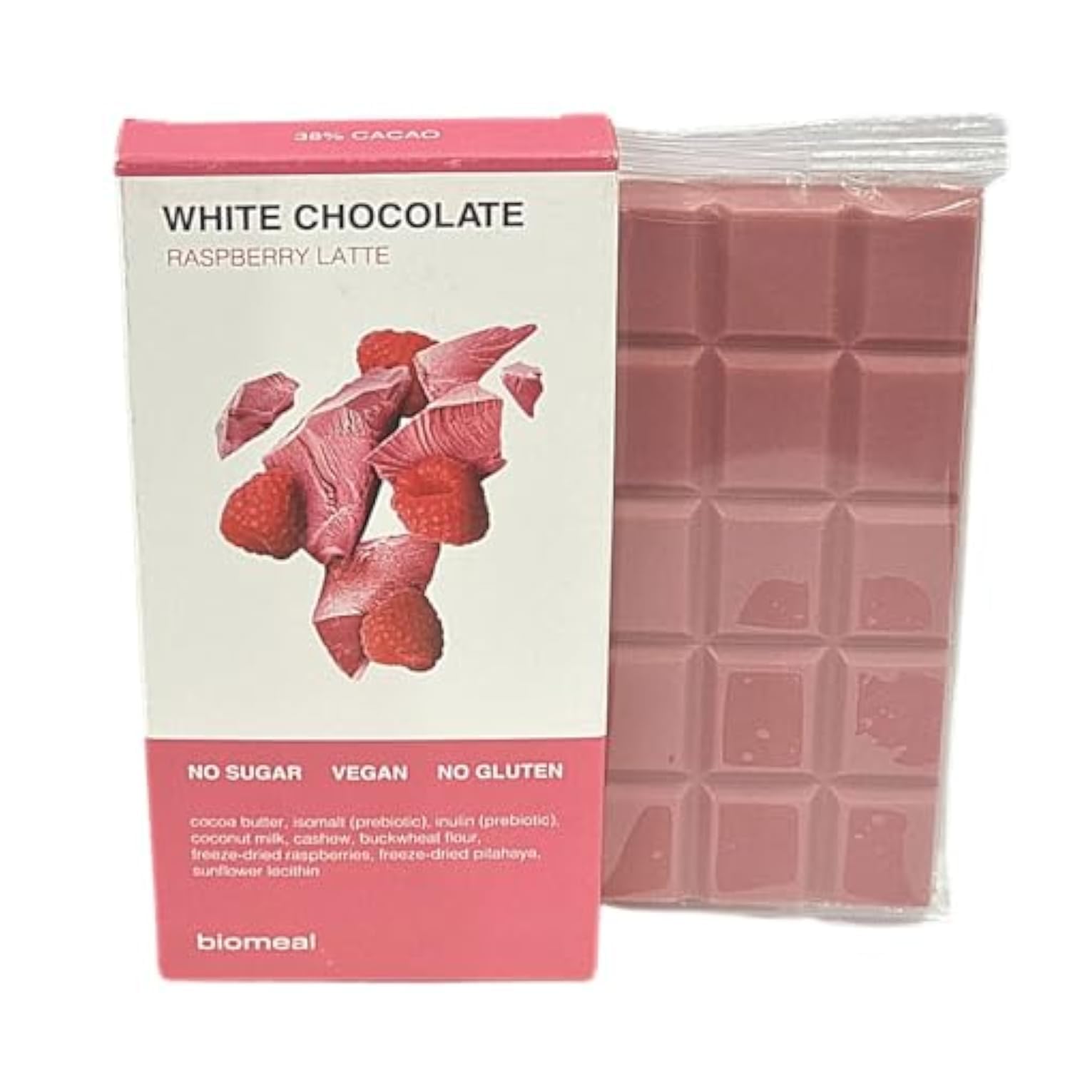Biomeal White Chocolate with Rasberry Latte 50g No sugar Added Vegan No Gluten