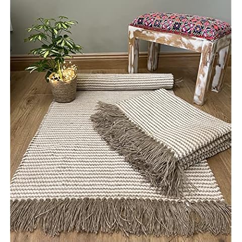 Segunda Naturaleza - Alfombra de rayas algodón yute, 120cm x 180cm, beis crema claro Cover