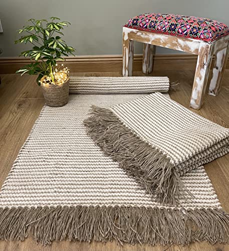 Tapis Colva Fin Deux Tons Naturel écru Rayures Tissage Plat Fil de Jute de Coton 70cm x 130cm Cover