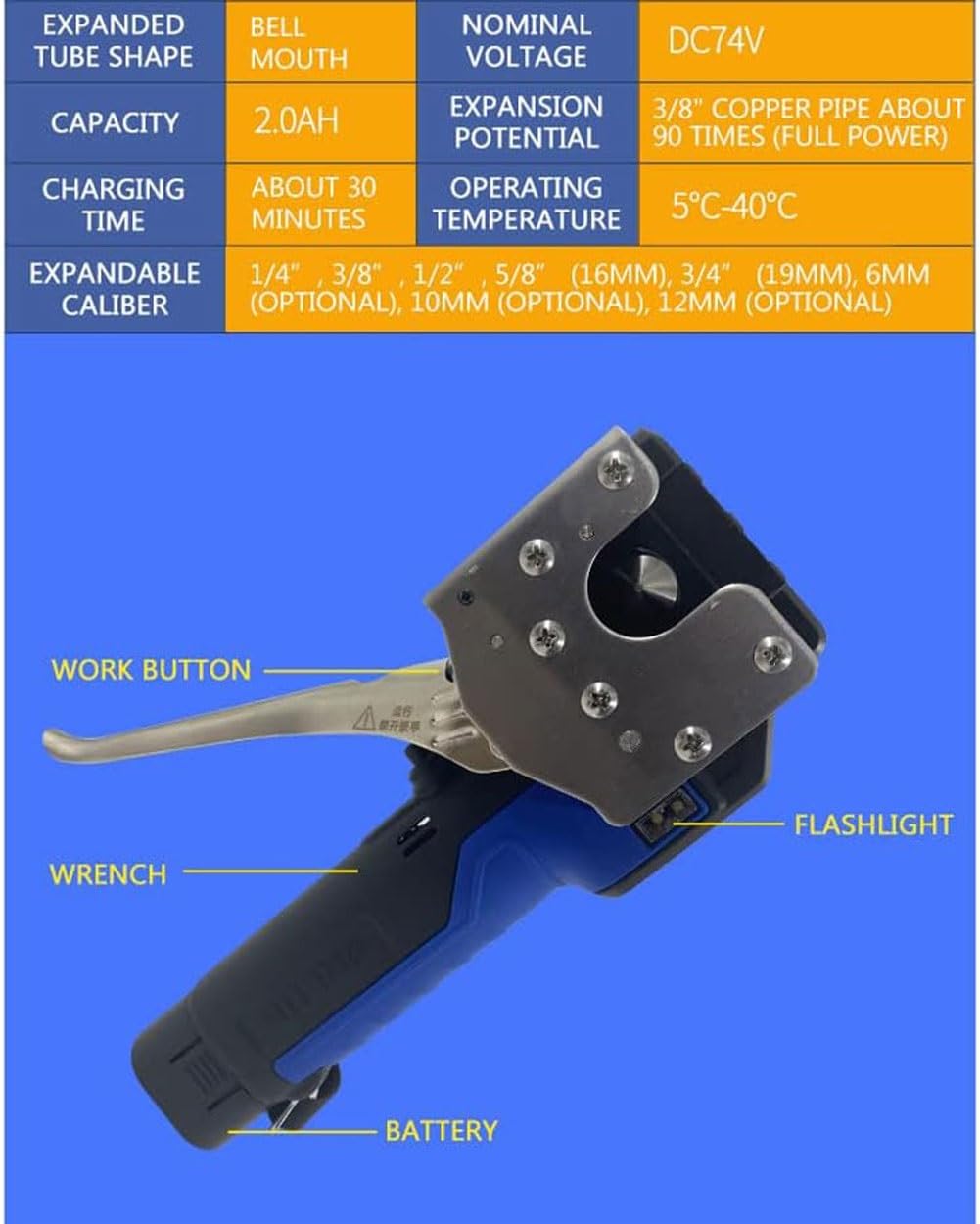 Herramienta de abocardado eléctrica inalámbrica, herramienta de expansión de tubo de 1/4"-3/4" con luz LED, herramienta de abocardado de tubo excéntrico de 45°, súper carga de 50 W, for tubos de cobre