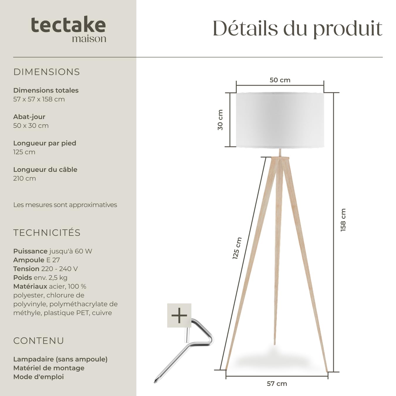tectake® Lampadaire sur pied salon Lampe sur pied Lampe salon, Luminaire salon moderne Lampe Design scandinave industriel pour Lumière cosy salon, bureau, chambre enfants, lit, chambre - Marron chêne