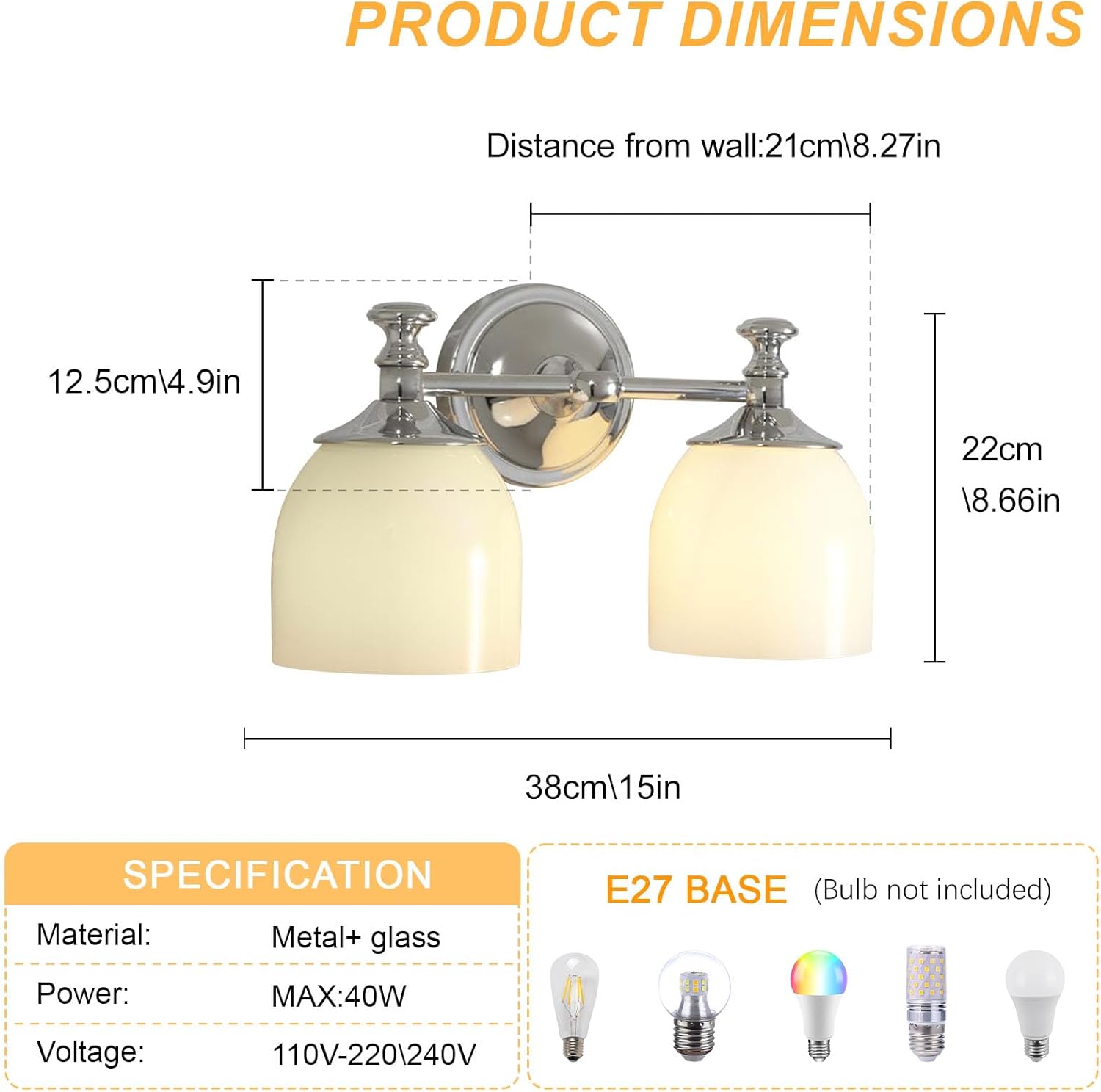 Silver Bathroom Vanity Lighting Fixtures Vintage Milk White Glass Wall Sconce Retro Aisle Hallway Wall Mount Lamp, Farmhouse Iron Wall Light Fixture E27 Rustic Hardwired Wall Sconces