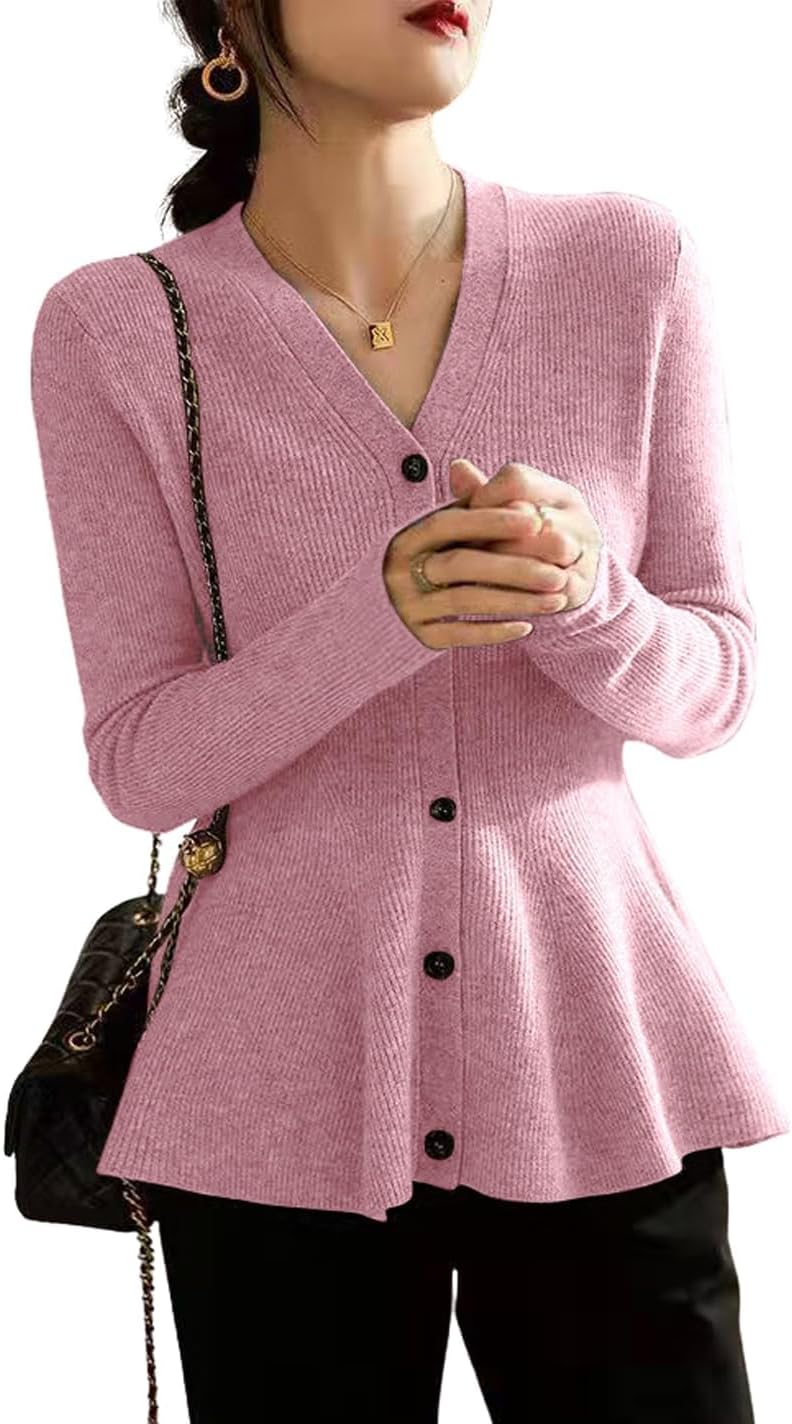 Chvity Elegant Ruffles Peplum Cardigan Sweater for Women Fahsion Slim Cozy Business V Neck Button Down Sweaters