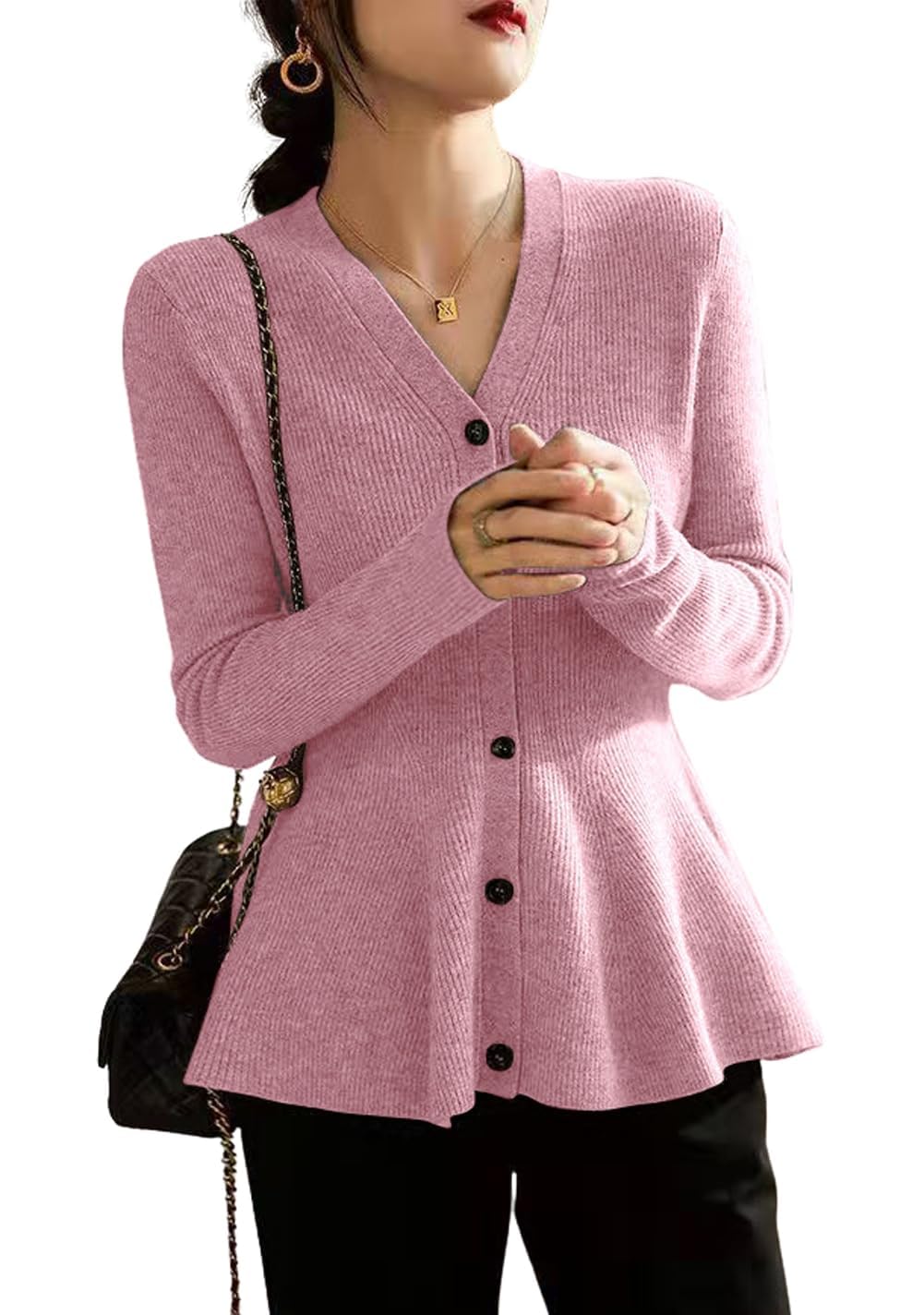 Chvity Elegant Ruffles Peplum Cardigan Sweater for Women Fahsion Slim Cozy Business V Neck Button Down Sweaters