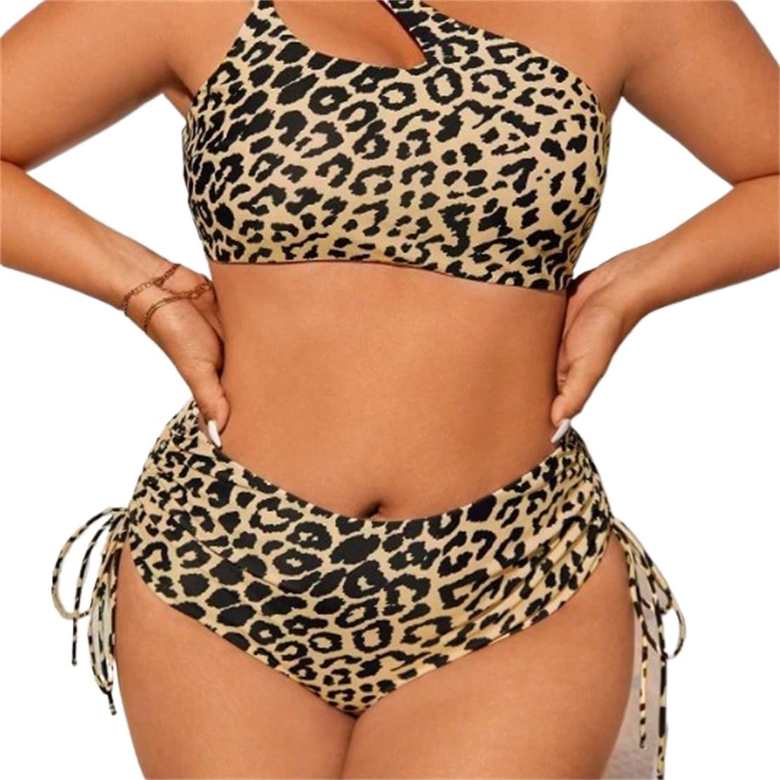Chubby Women Two Piece Leopard Print Bikini Set, High Waist Swimsuit with Side Tie Plus Size Animal Pattern Swimwear