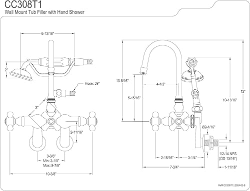 Miniatura 2 de Kingston Brass CC308T1 Vintage Clawfoot Grifo Hi-Rise Spt Montaje en Pared H&C Porcelana Cruz Manija Cromo Pulido
