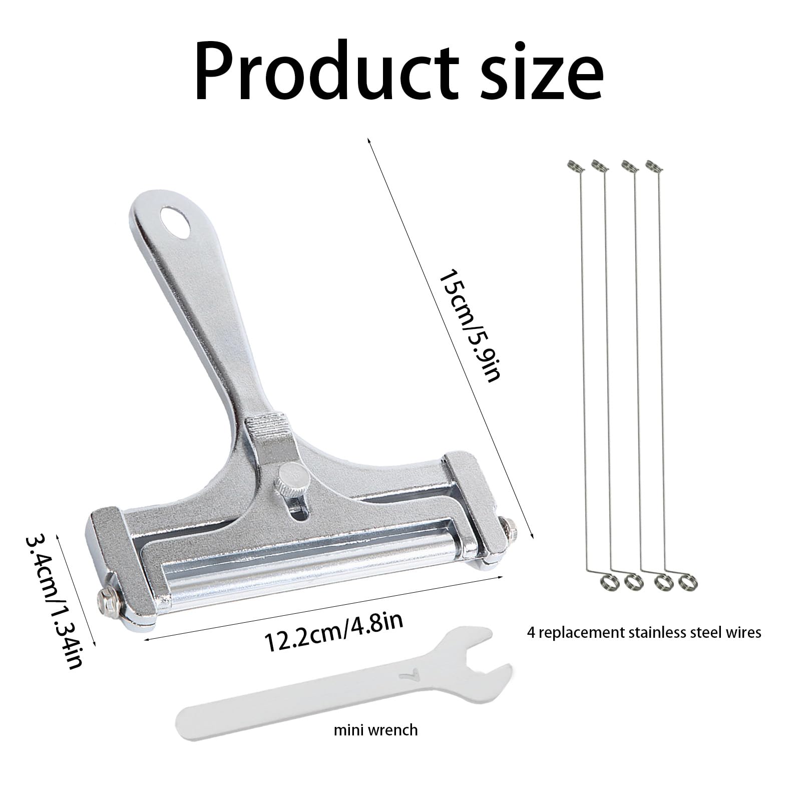 Stainless Steel Wire Cheese Slicer, Adjustable Thickness Hand Held Cheese Cutter for Soft & Semi-Hard Cheeses - 4 Extra Replacement Stainless Steel Cutting Wire (Silver)