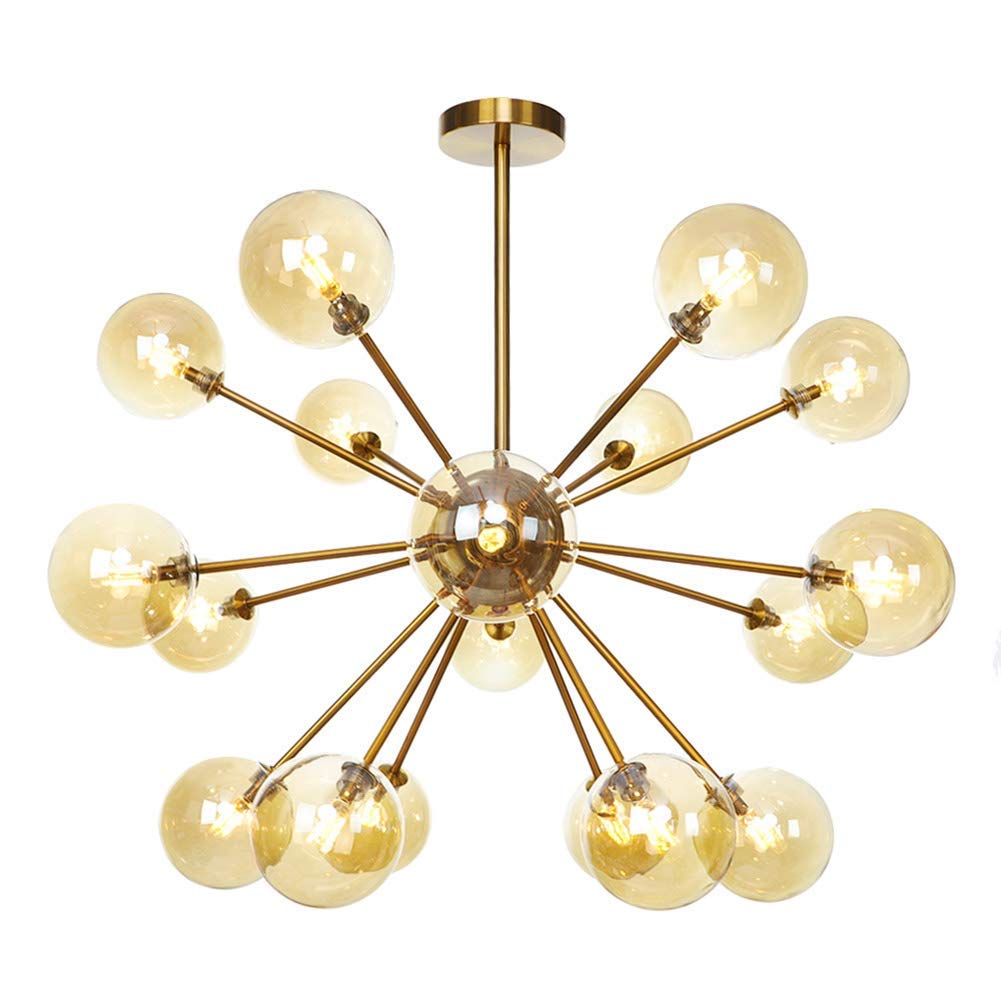 NZDY Creative Mid Century Glass Ball Chandelier, Brass Sputnik Pendant Light 18-Lights Branch Starburst Chandelier G4 Semi-Flush Mount Hanging Lamp Ceiling Light for Living Room Kitchen Stairs,Amber,