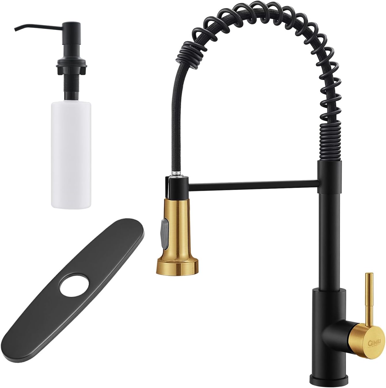 GIMILI Spring Kitchen Sink Faucet with Deck Plate & Soap Dispenser,Matte Black&Gold