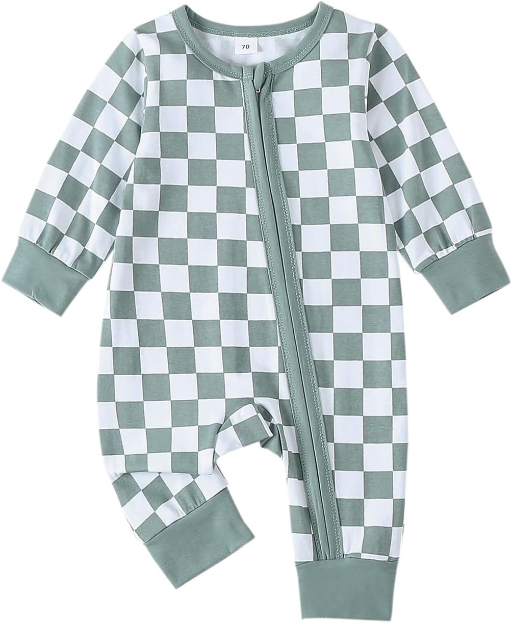 Newborn Boy Outfits Checkered Jumpsuit Long Sleeve Zipper Romper Plaid Bodysuit Fall Winter One Piece Outfit