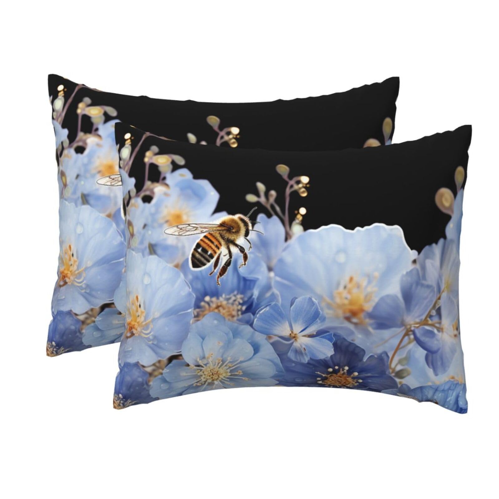 2 Pack Standard Size Pillow Cases for Hair and Skin Soft Breathable Pillow Case Covers with Hidden Zipper Blue Flowers and Bees Pillowcase 20x26 Inches Pillow Cover for Sleeping Gift