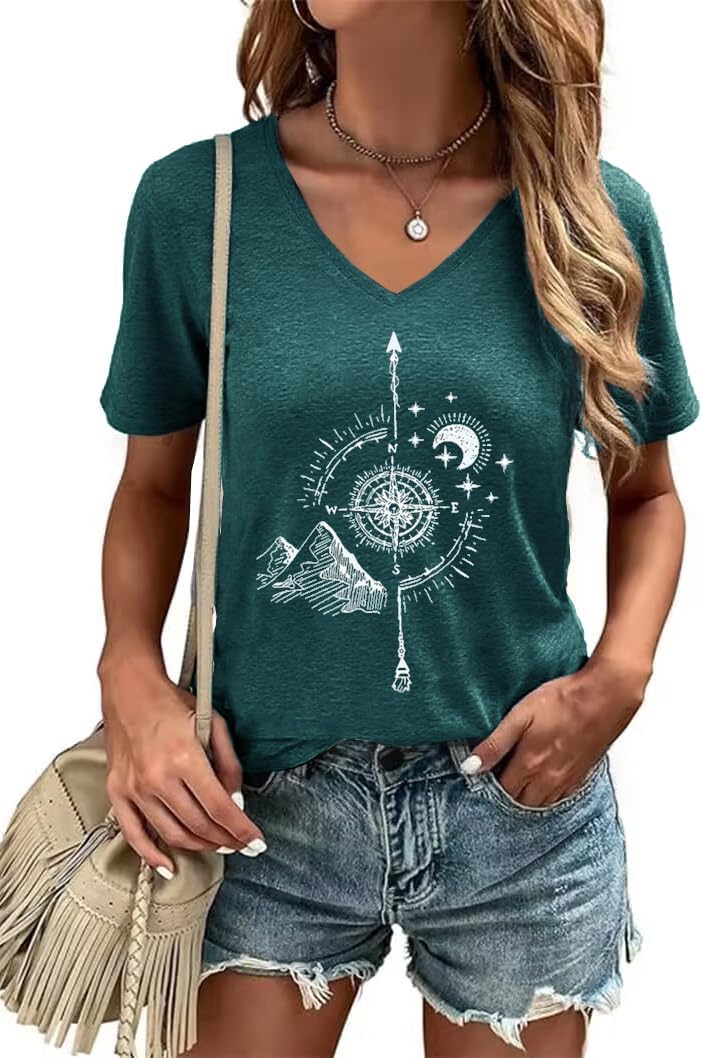 Women's T-Shirt V-Neck Graphic Tees Vintage Boho Flowers Shirt Summer Casual Plant Short Sleeve Tshirt Tops